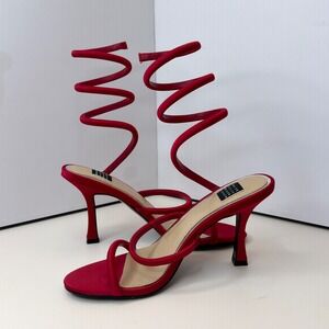 White House Black Market Red Satin Spiral Wrap Ankle‎ Strap Heels Sandals 6.5M